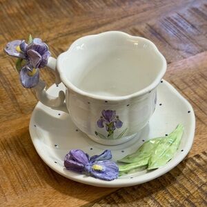 Vintage Porcelain Iris Teacup & Saucer 3D Floral Handle Cottagecore Decor